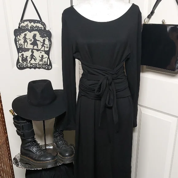Black Long Sleeve Dress With Fabric Wrap Waist Talbots Large - Picture 1 of 11